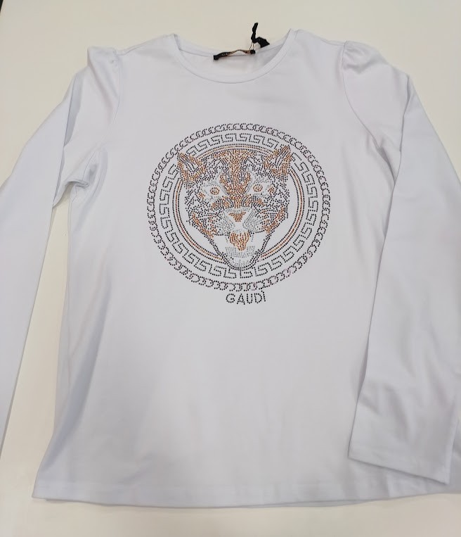 camiseta blanca  manga larga con grafico de tigre gaudi fashion